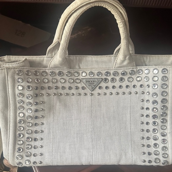 Prada Canapa Denim Tote w/ Bag charm - Picture 1 of 16